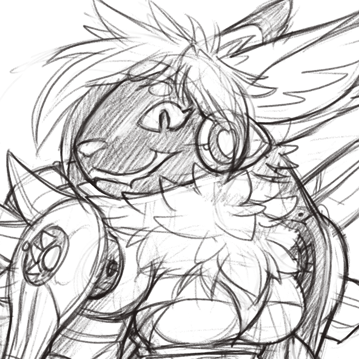 Sketch bust shot of a femme fox protogen creature with large ears, a complex visor, thick neck and upper-chest fluff, armored breastplates, and shoulder-mounted ion-cannons.